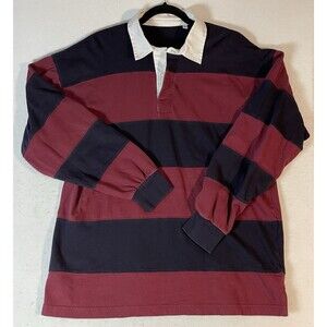 Rugby Shirt Mens XL Maroon White Striped Long Sleeve Relaxed Heavyweight